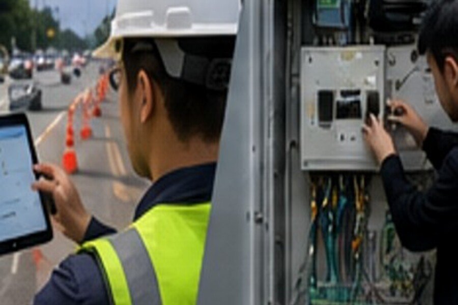 Technician checking a control cabinet